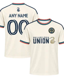 Front and back views of cream Philadelphia Union third jersey with multicolor collar and custom player number