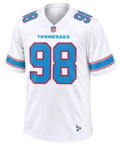 Front view of Jeffery Simmons Tennessee Titans white jersey featuring blue number 98, red outlines and striped sleeves