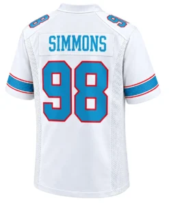 Back view of Jeffery Simmons white Titans jersey with SIMMONS lettering and large blue number 98