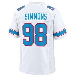 Back view of Jeffery Simmons white Titans jersey with SIMMONS lettering and large blue number 98