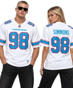 Man and woman wearing matching Jeffery Simmons white Titans jerseys, showing number 98 on the front and SIMMONS 98 on the back