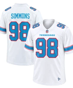 Titans Jeffery Simmons White Jersey 2026 front and back views with TENNESSEE lettering, SIMMONS name and number 98
