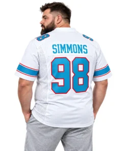 Male model wearing a white Tennessee Titans Jeffery Simmons jersey with SIMMONS name and number 98 on the back