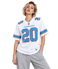 Female model wearing white Tony Pollard Titans number 20 football jersey with light blue graphics and gray sweatpants