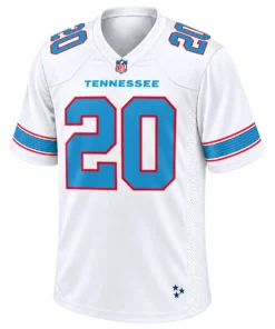 Front view of Tony Pollard Titans white football jersey with blue number 20, red outlines, shoulder numbers and striped sleeves