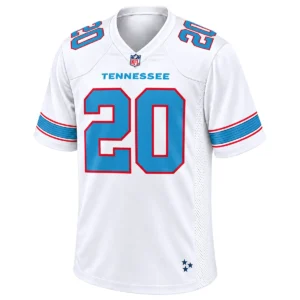 Front view of Tony Pollard Titans white football jersey with blue number 20, red outlines, shoulder numbers and striped sleeves