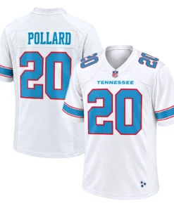 Men's Tony Pollard Titans White Jersey front and back views featuring TENNESSEE chest lettering, POLLARD name and blue number 20