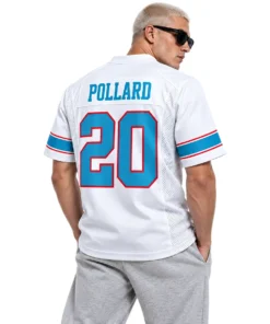 Male model wearing sunglasses and white Tony Pollard Titans jersey showing POLLARD name and number 20 on the back