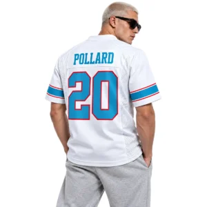 Male model wearing sunglasses and white Tony Pollard Titans jersey showing POLLARD name and number 20 on the back