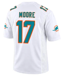 Trey Moore White jersey back with MOORE name and aqua number 17