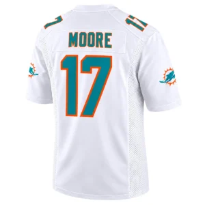 Trey Moore White jersey back with MOORE name and aqua number 17