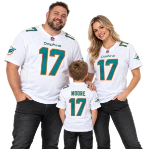 Family wearing matching Miami Dolphins away jersey styles in white