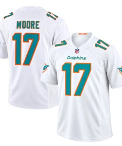 Miami Dolphins white jersey front and back featuring Moore number 17