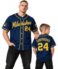 William Contreras Alternate Navy Jersey Exclusive Brewers Player Gear Dad and Son