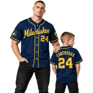 William Contreras Alternate Navy Jersey Exclusive Brewers Player Gear Dad and Son